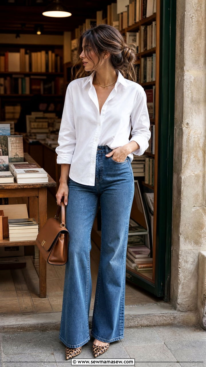 White Button Down Shirt With High Waist Flared Jeans and Pointed Toe Flats Messy Bun - 25 French girl outfit ideas with messy bun
