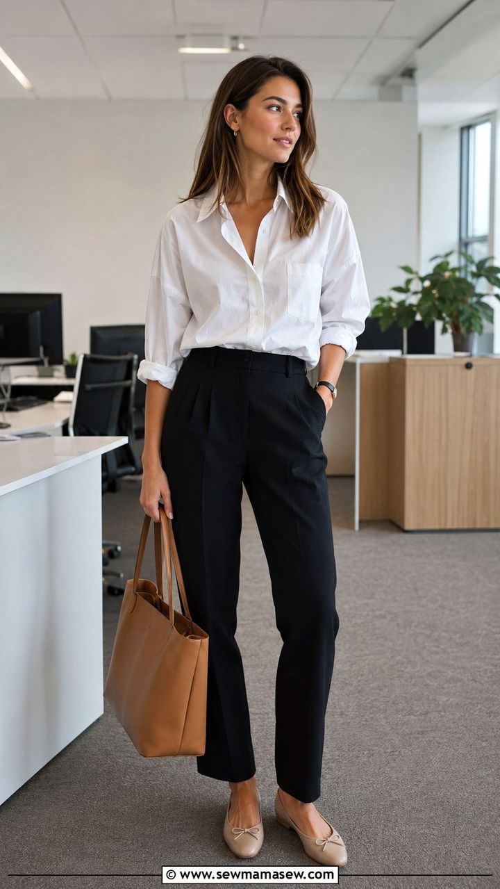 White Button Down Shirt With High Waisted Black Trousers - 30 classy parisian outfit ideas