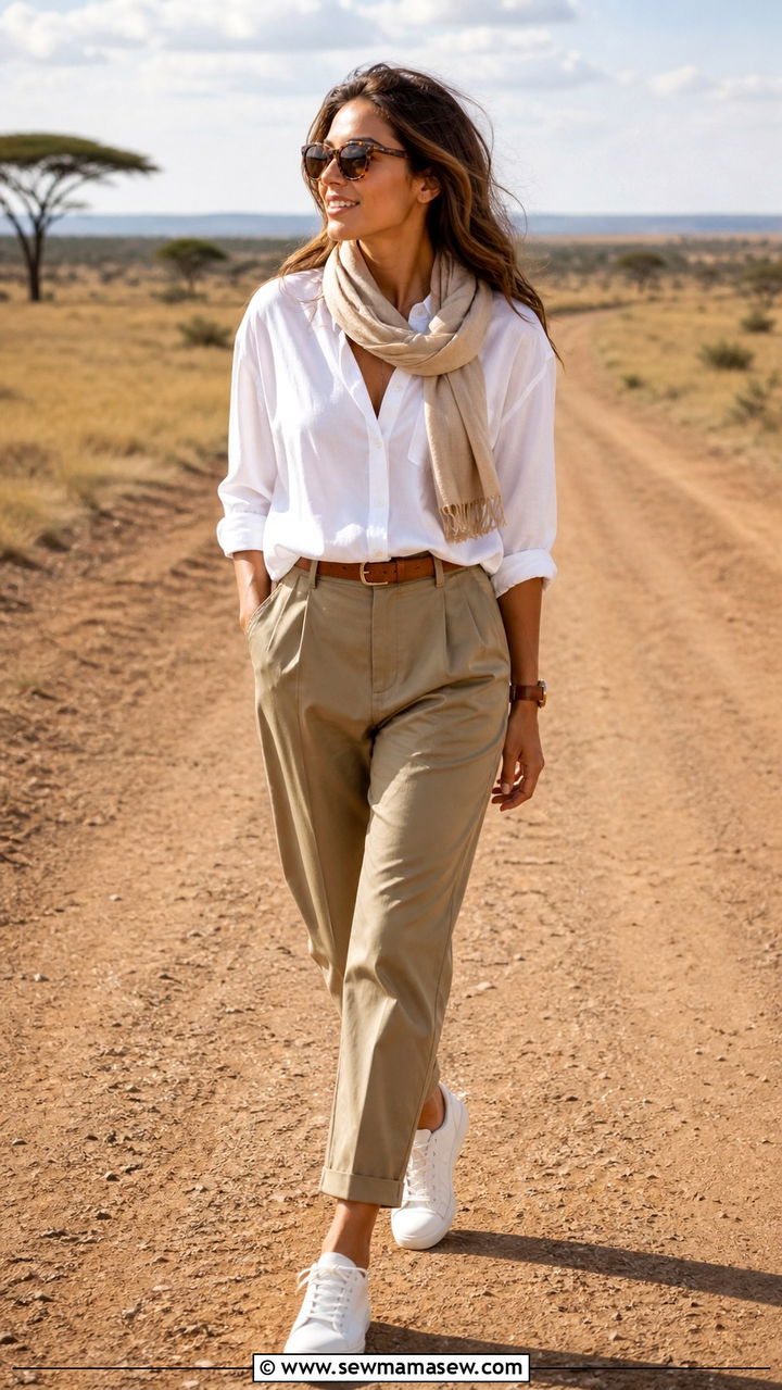 White Button Down Shirt With Khaki Trousers Safari Outfit - 40 Safari outfit ideas