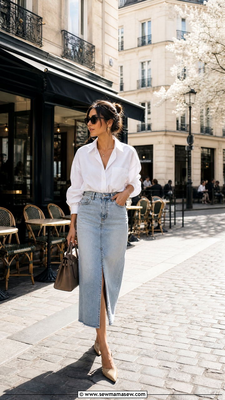 White Button Down Shirt With Light Wash Denim Skirt - 30 summer european outfit ideas