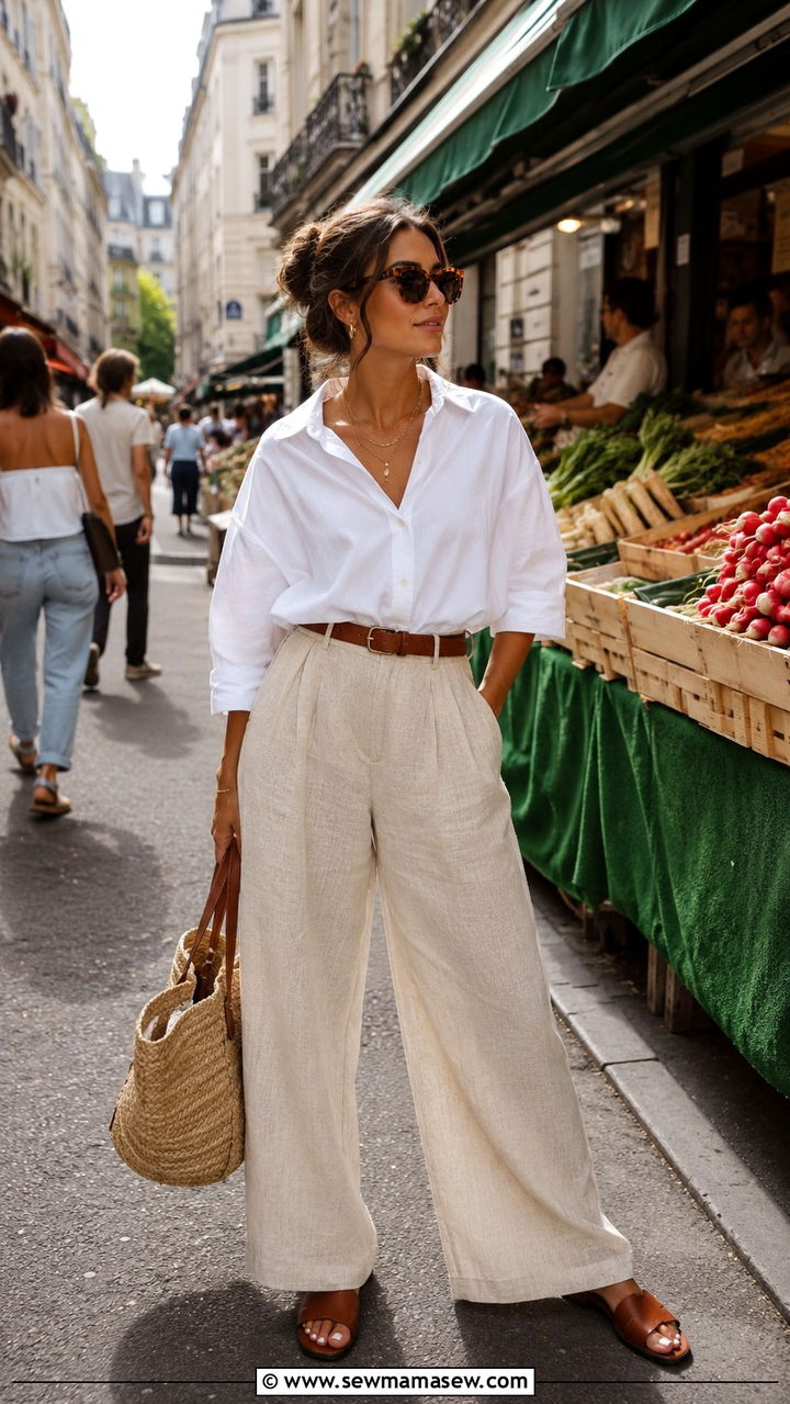 White Button Down Shirt With Linen Trousers - 30 Modest outfit ideas Parisian