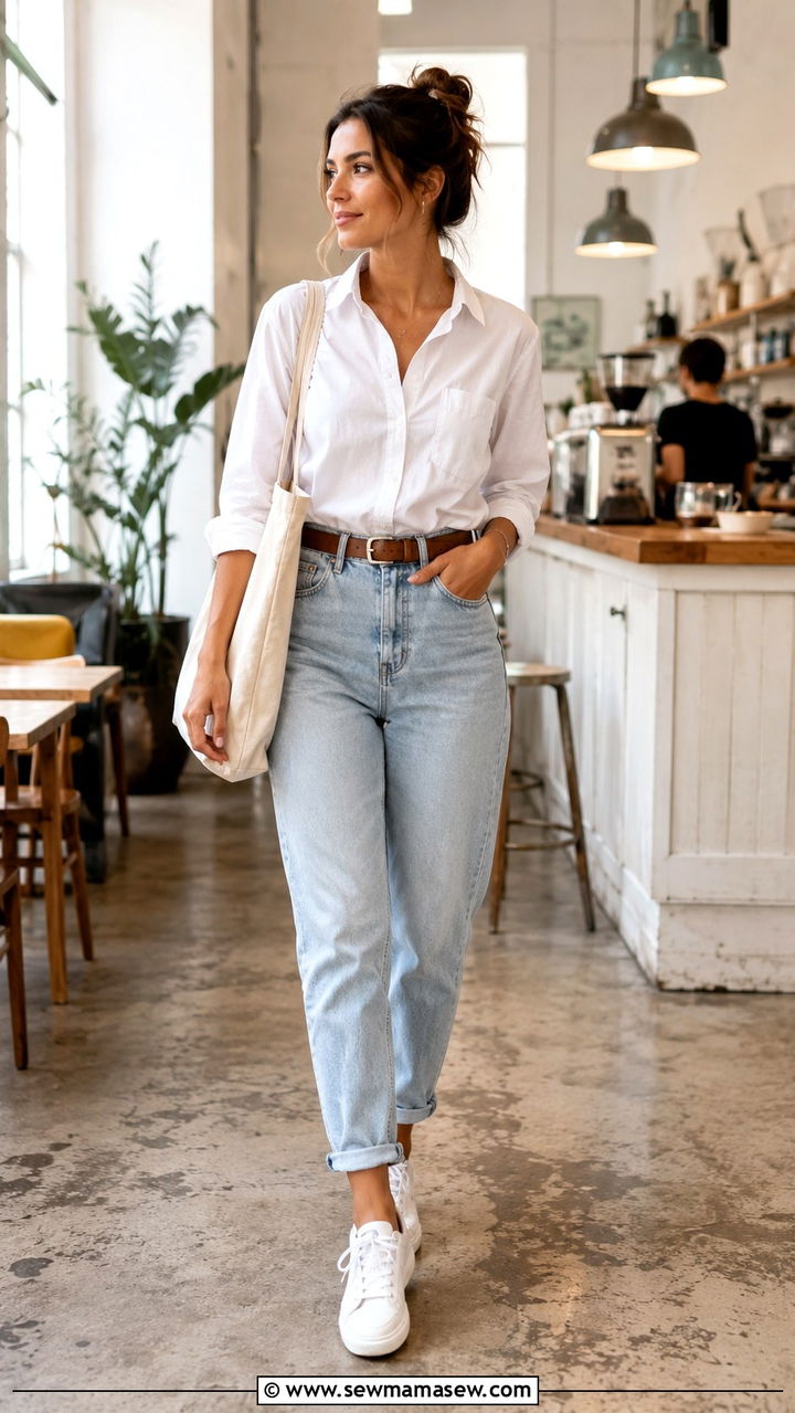 White Button Down Shirt With Mom Jeans - 30 office outfits Pinterest