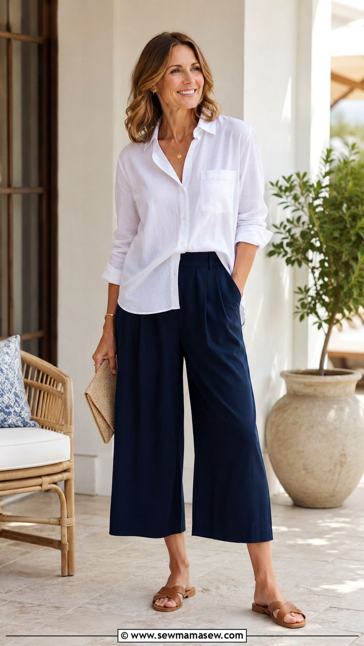 White Button Down Shirt With Navy Culottes - 25 white button down shirt outfits for women over 40