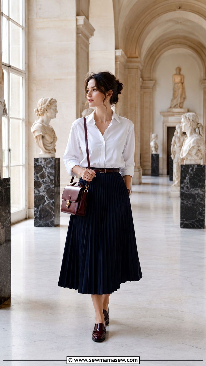 White Button Down Shirt With Navy Pleated Midi Skirt - 30 cute Paris outfits