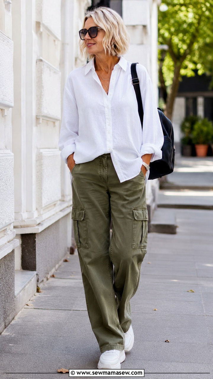 White Button Down Shirt With Olive Cargo Pants - 25 white button down shirt outfits for women over 40