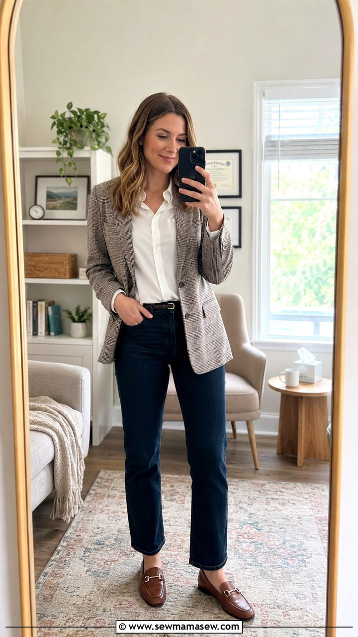 White Button Down Shirt With Plaid Blazer And Dark Jeans - 20 Psychologist outfit ideas