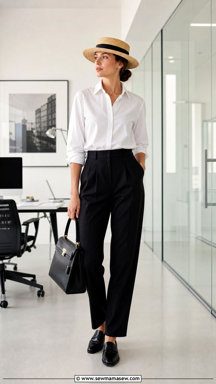 White Button Down Shirt With Pleated Trousers And Wide Brim Boater Hat - 25 Old money outfit ideas with wide brim hat