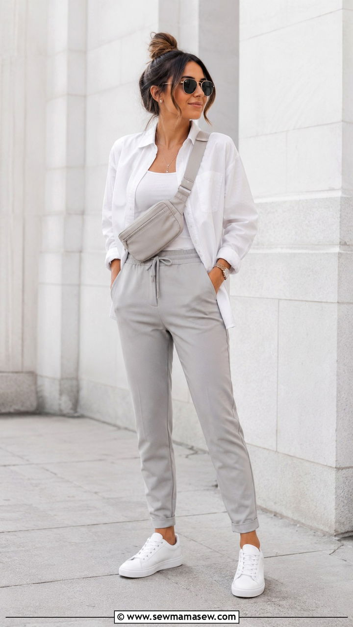 White Button Down Shirt With Sneakers and Joggers Outfit - 25 white button down shirt outfit ideas for women