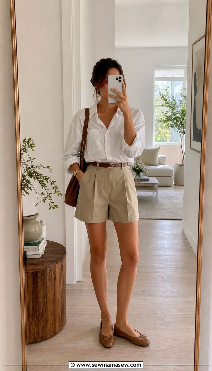 White Button Down Shirt With Tailored Shorts and Ballet Flats - 35 April outfits for women