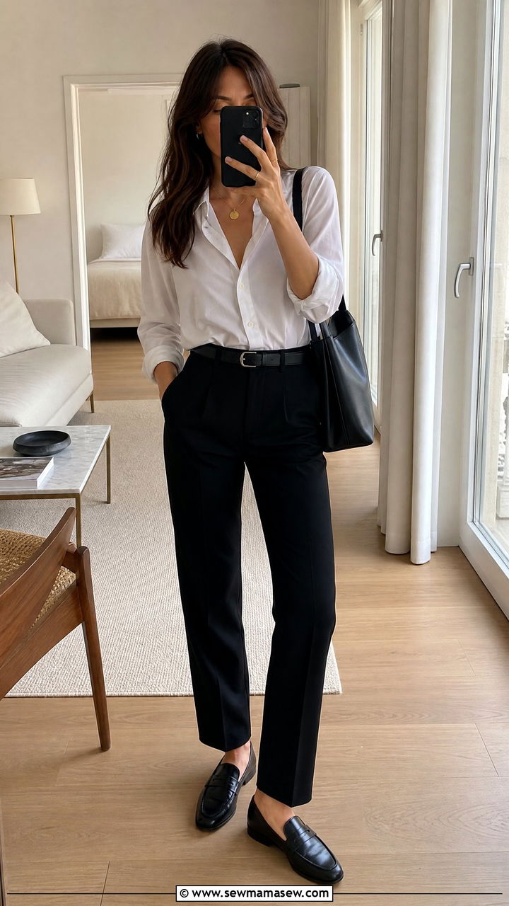 White Button Down Shirt With Tailored Trousers - 25 French girl outfit ideas casual