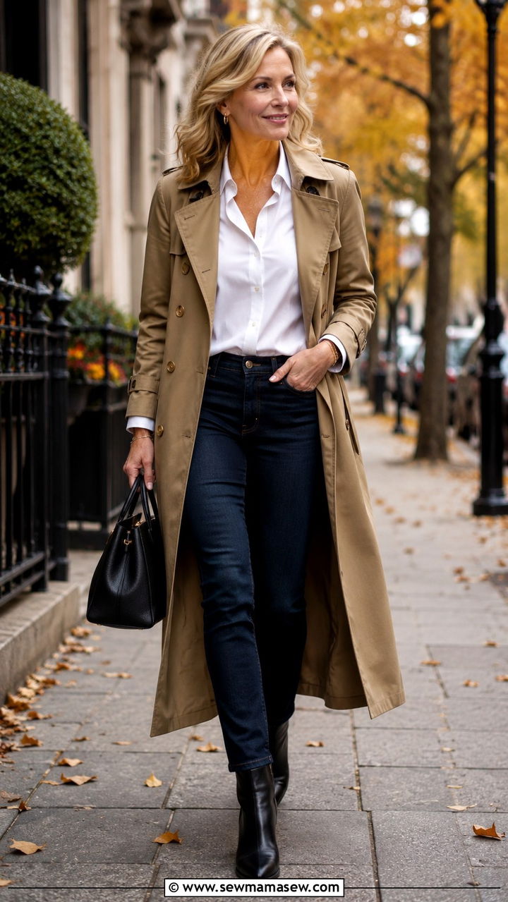 White Button Down Shirt With Trench Coat And Ankle Boots - 25 white button down shirt outfits for women over 40