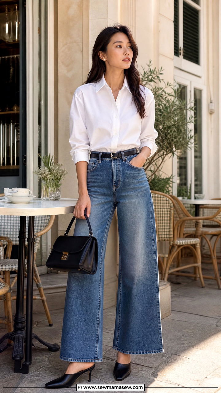 White Button Down Shirt With Wide Leg Jeans And Mules - 30 Summer outfits with wide leg jeans
