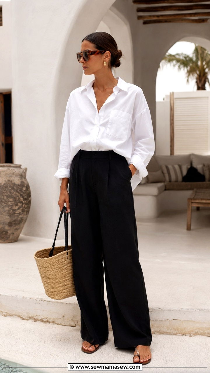 White Button Down Shirt With Wide Leg Pants And Sandals - 30 Pinterest outfits to copy