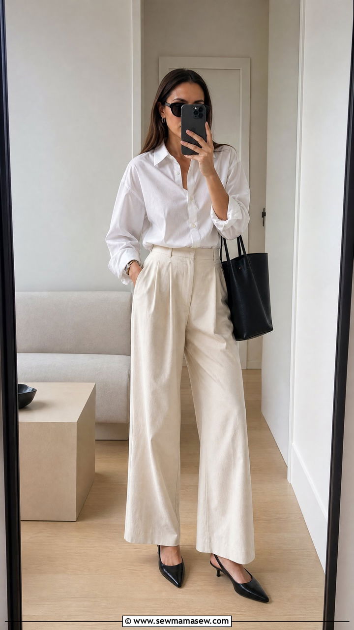 White Button Down Shirt With Wide Leg Trousers Outfit - 25 Quiet luxury dupes outfit ideas