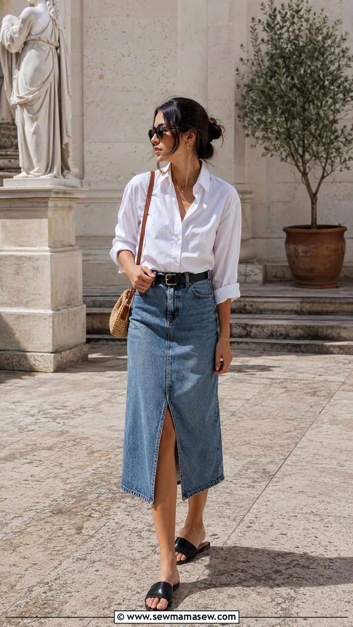 White Button Down Shirt With a Denim Midi Skirt - 30 how to style white button down shirt