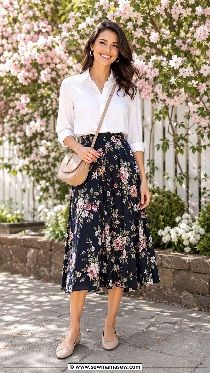 White Button Down Shirt With a Floral Midi Skirt - 30 how to style white button down shirt
