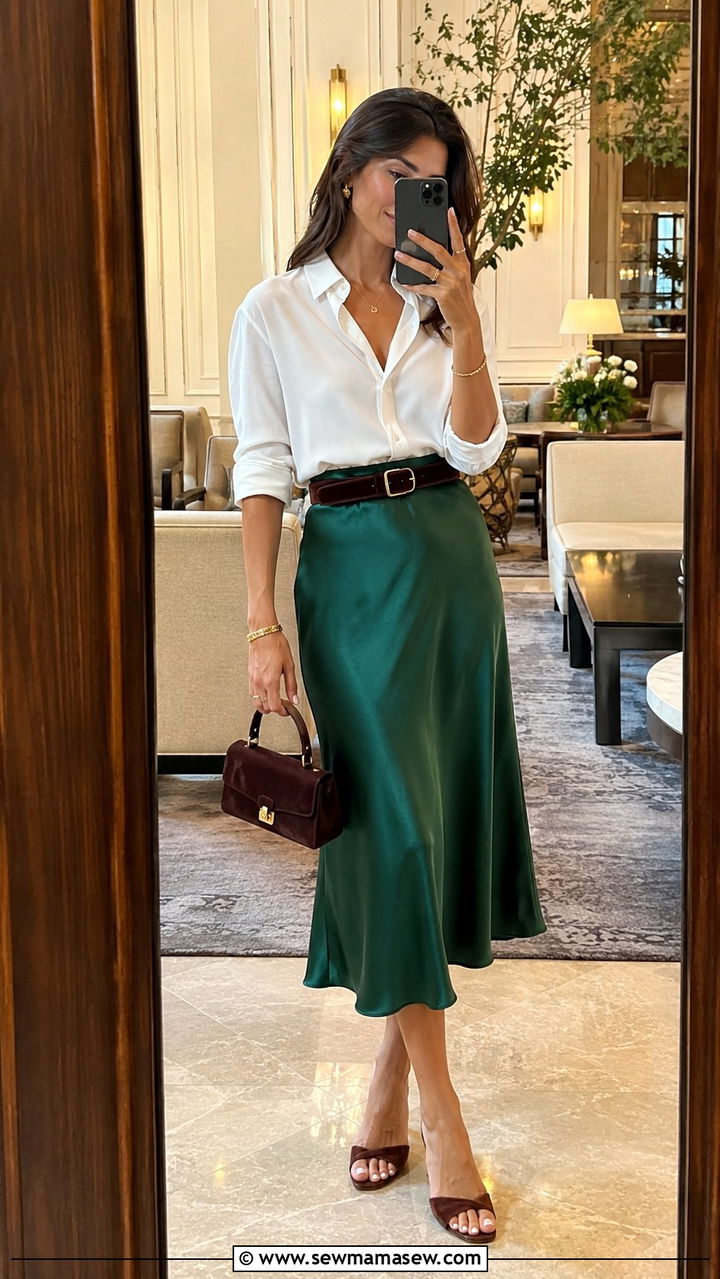 White Button Down Shirt With a Satin Midi Skirt Outfit - 25 white button down shirt outfit ideas for women