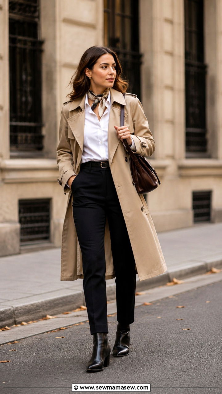 White Button Down Shirt With a Trench Coat - 30 how to style white button down shirt