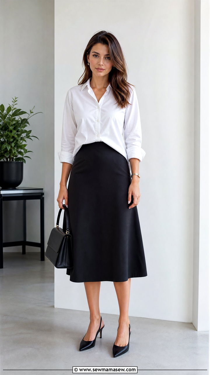 White Button Down Shirt and Black Midi Skirt Work Outfit - 35 Minimalist work outfit ideas