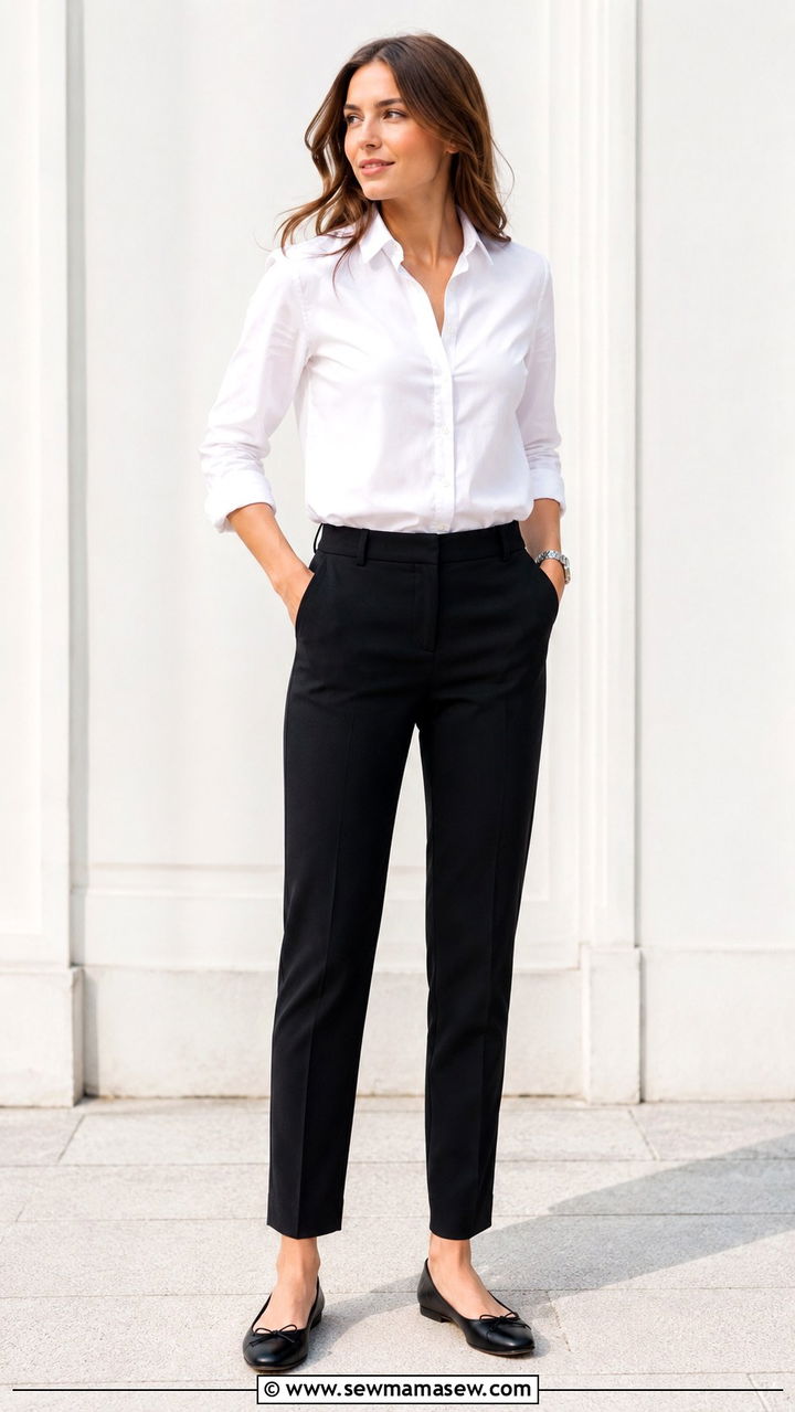 White Button Down Shirt and Black Tailored Pants - 20 Quiet luxury outfit ideas Succession Logan