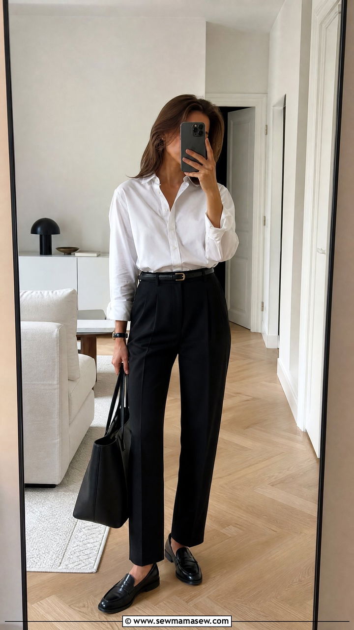 White Button Down Shirt and Black Tailored Trousers Outfit - 30 minimalist capsule wardrobe outfits