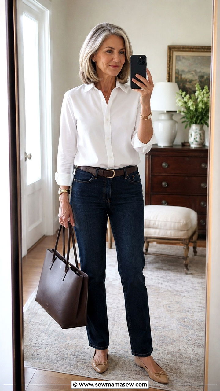 White Button Down Shirt and Dark Jeans - 30 Trendy outfit ideas for women over 50
