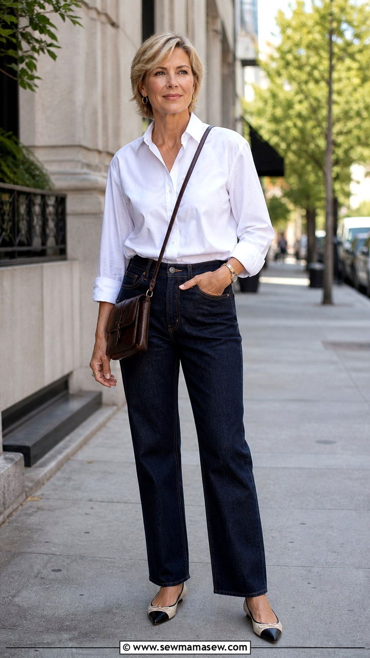White Button Down Shirt and Dark Jeans - 40 Outfit ideas for women over 50