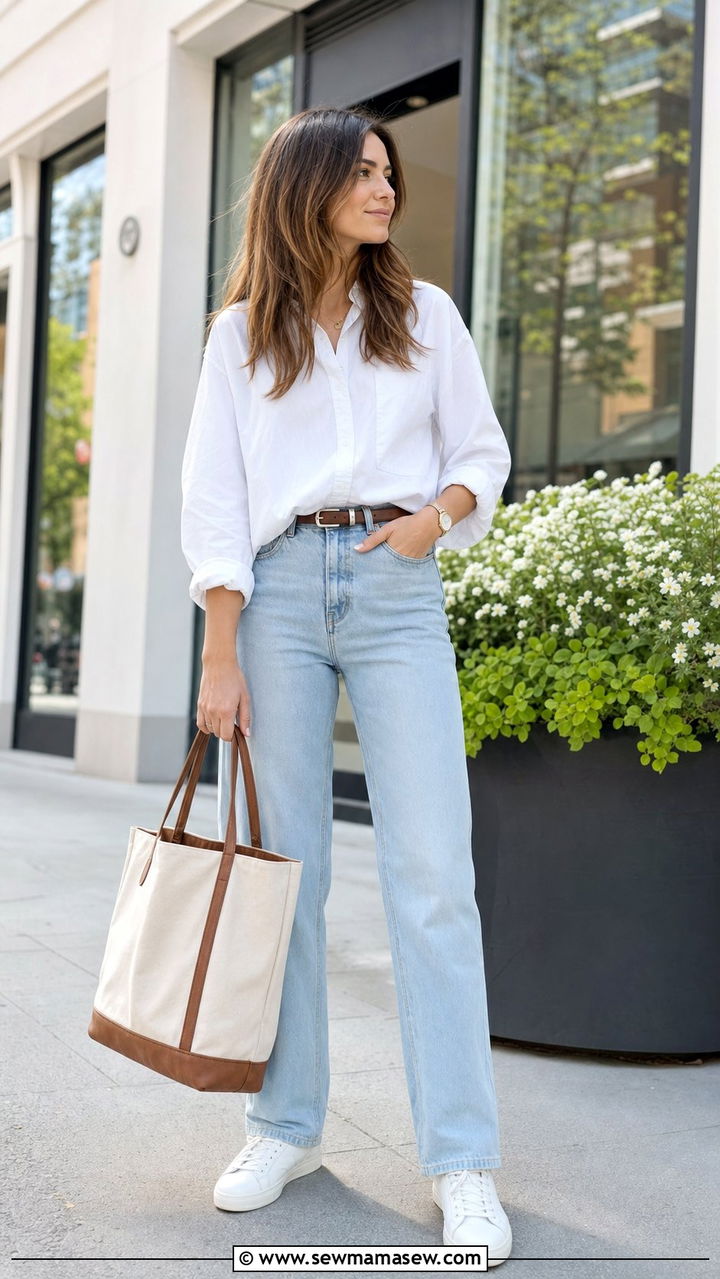 White Button Down Shirt and Light Wash Jeans Outfit - 25 Spring outfits for women in their 20s