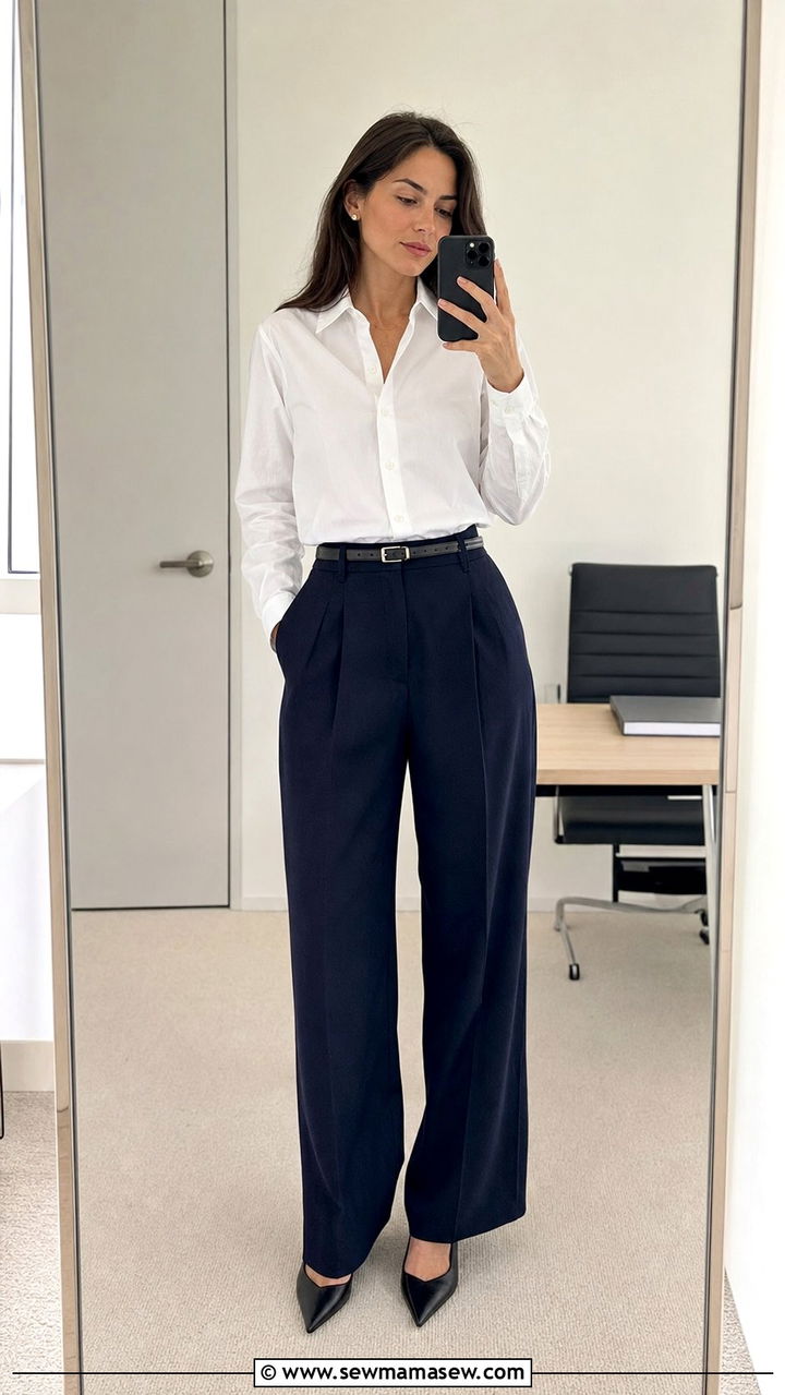 White Button Down Shirt and Navy Pleated Trousers Work Outfit - 25 Stealth wealth outfit ideas for work