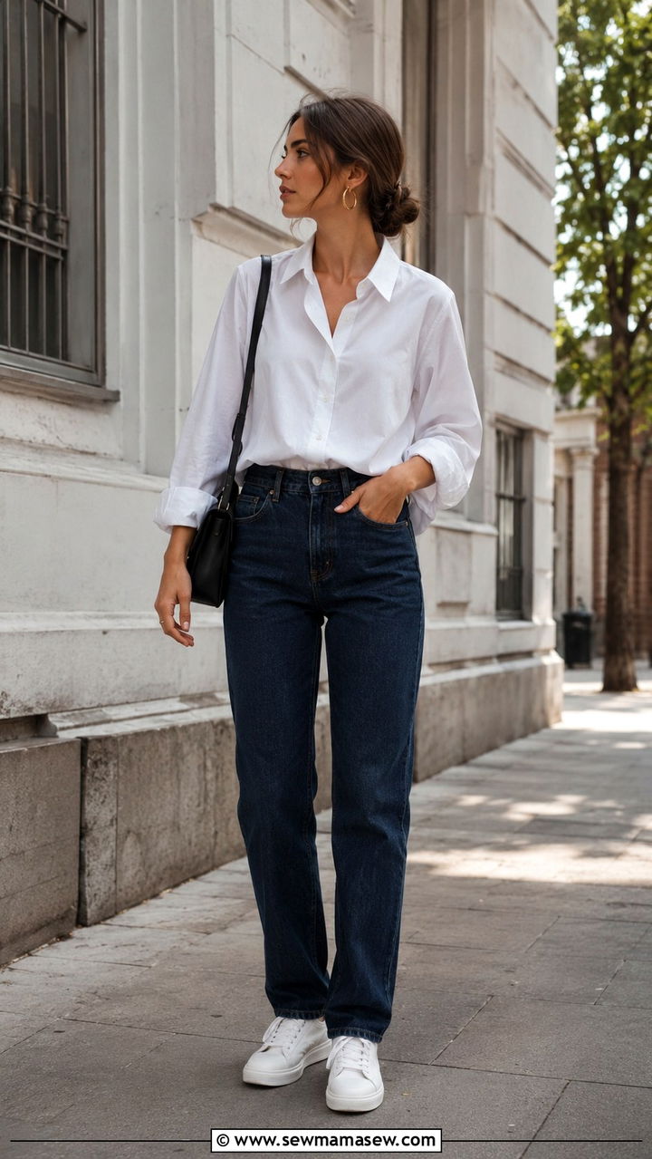 White Button Down Shirt and Straight Leg Jeans - 30 minimalist outfit ideas for women