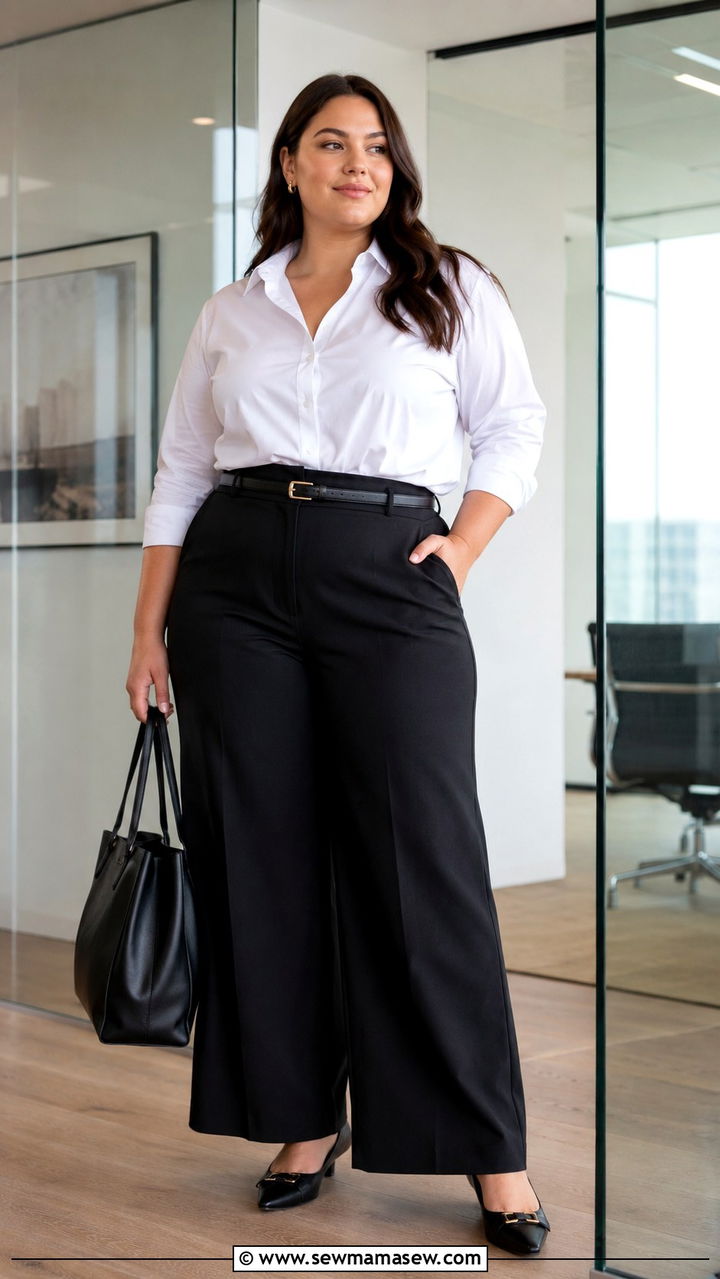 White Button Down Shirt and Wide Leg Pants - 30 Plus size outfit ideas with wide leg pants