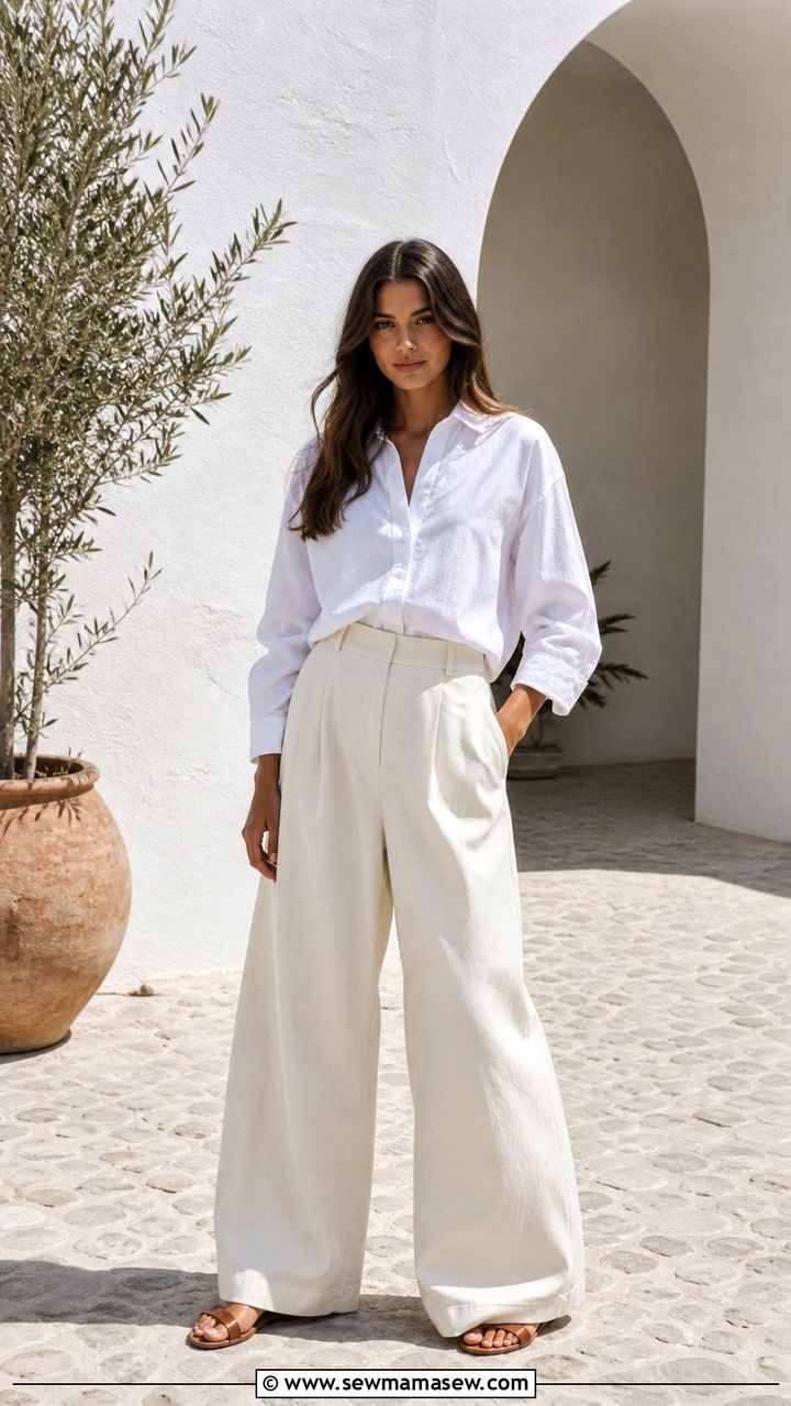White Button Down Shirt and Wide Leg Trousers - 40 spring aesthetic outfit ideas