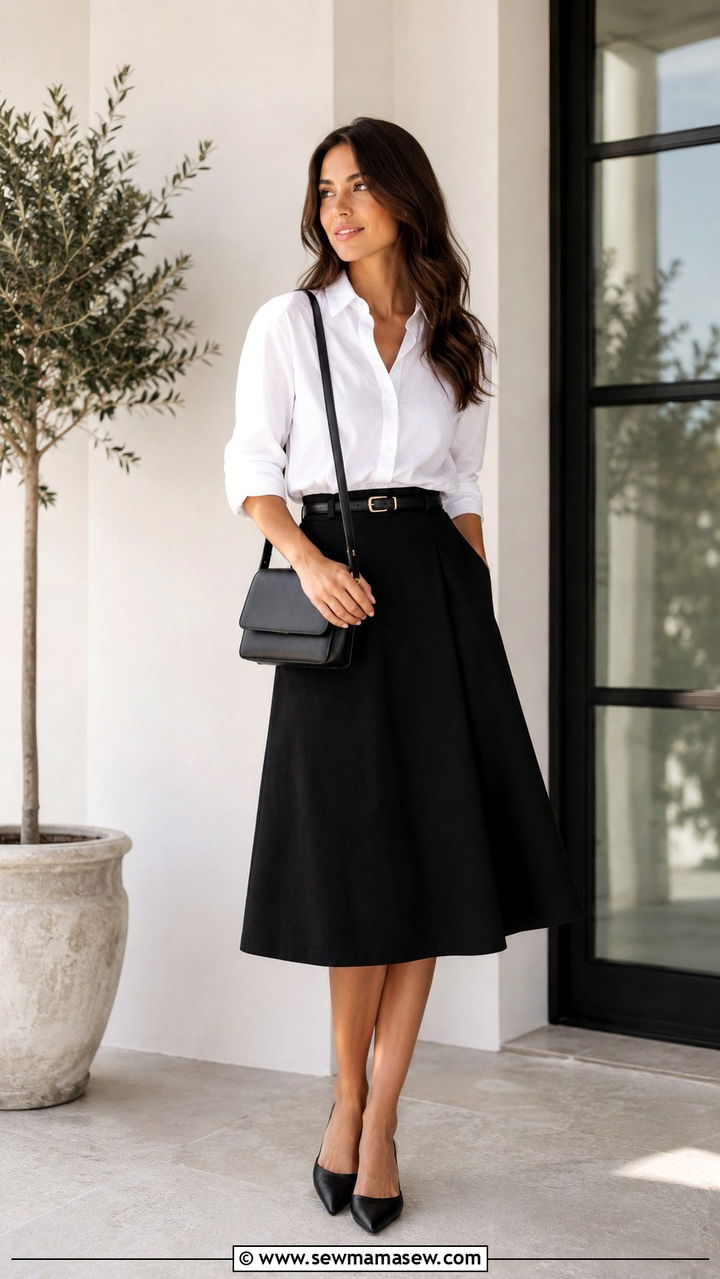 White Button Down Shirt with A Line Midi Skirt - 30 classy aesthetic outfits