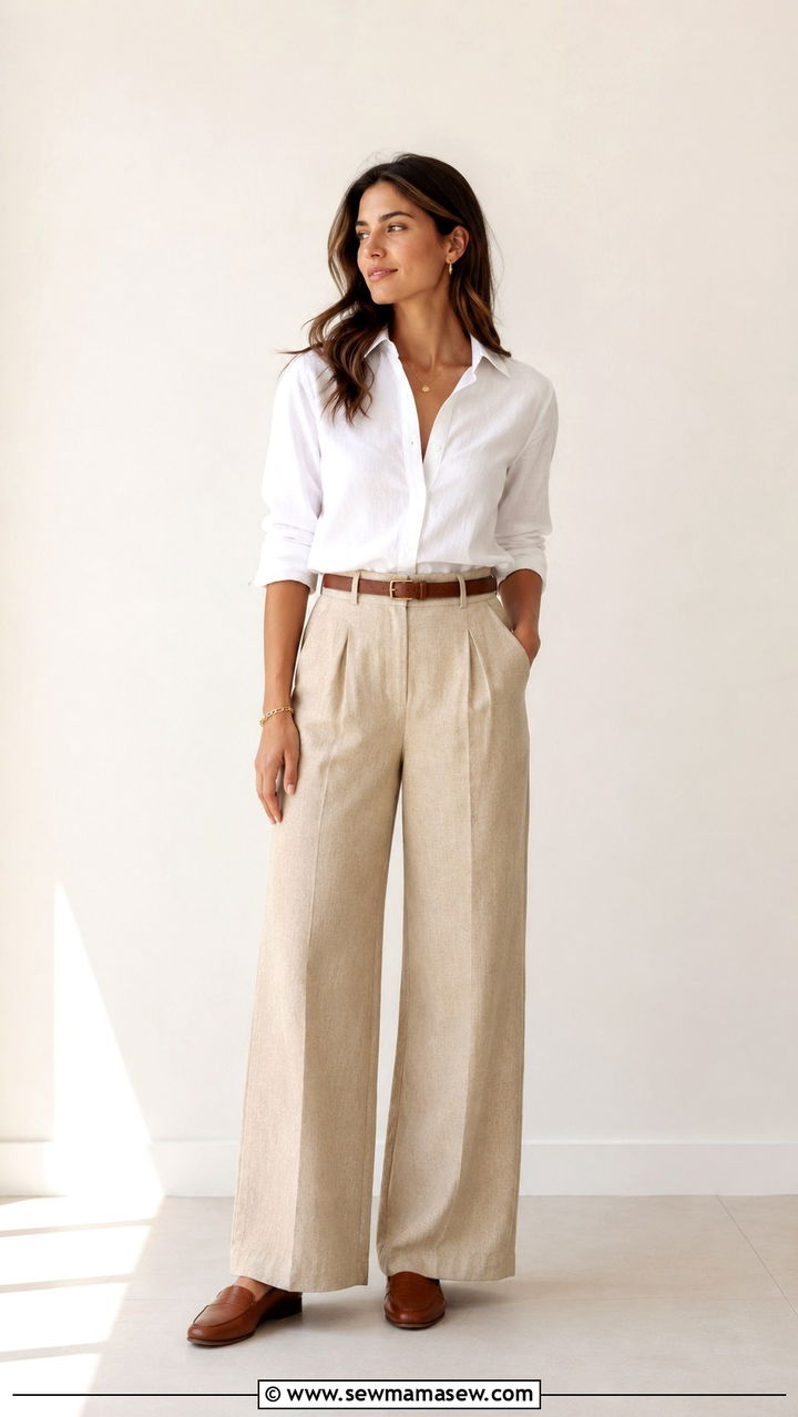 White Button Down Shirt with Beige Trousers and Loafers - 30 spring wardrobe essentials outfits