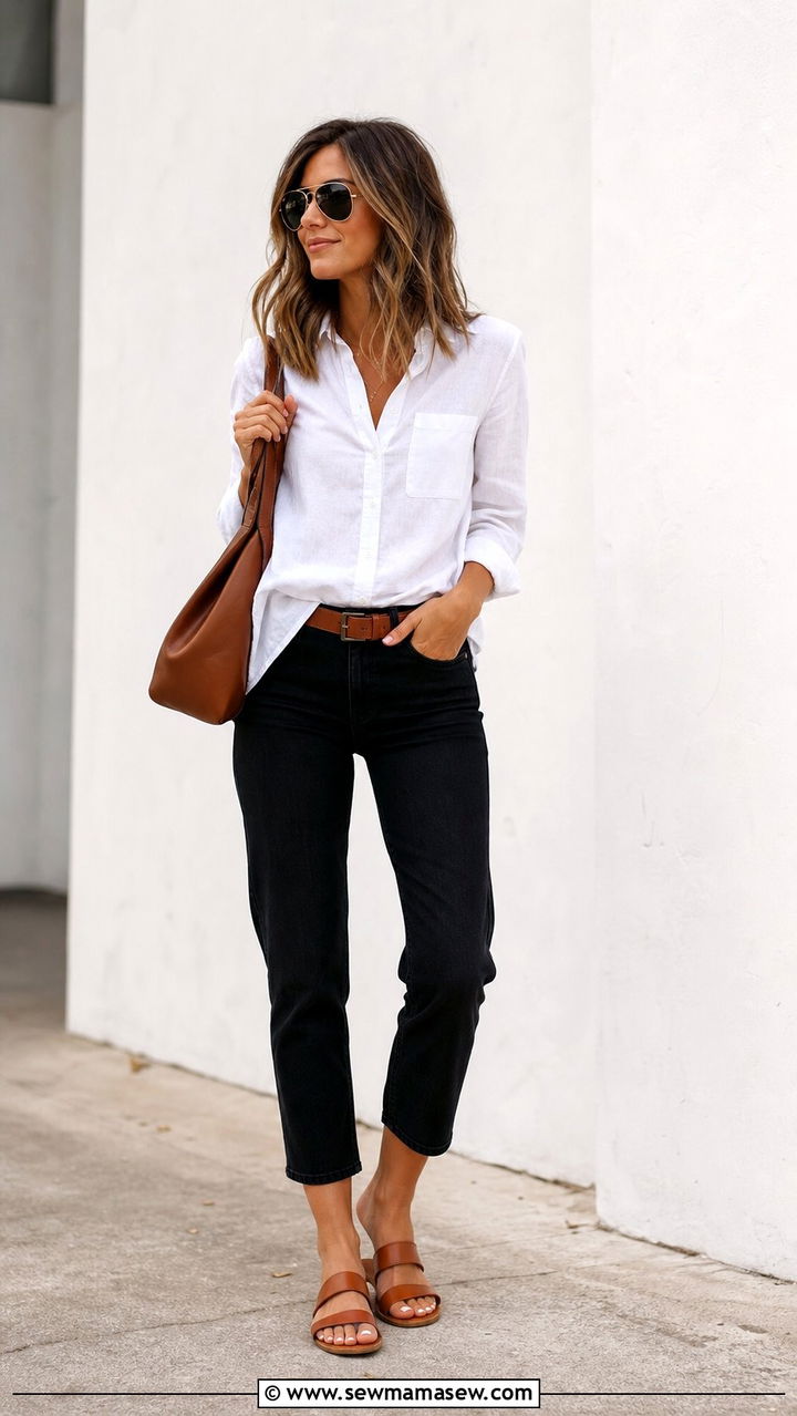 White Button Down Shirt with Black Jeans and Brown Leather Sandals - 25 Summer outfits with black jeans