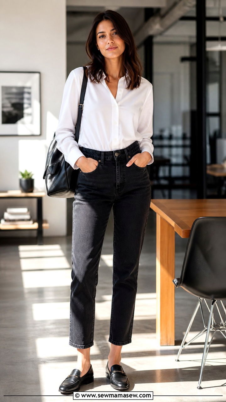 White Button Down Shirt with Black Mom Jeans - 40 Corporate outfit ideas