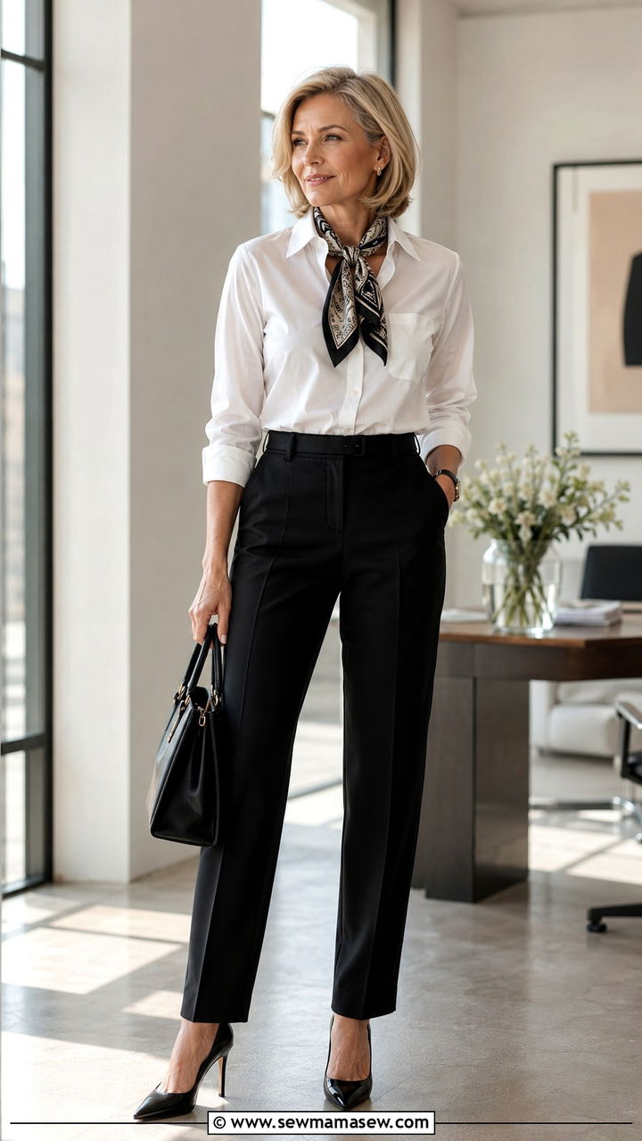 White Button Down Shirt with Black Tailored Trousers - 30 Outfit ideas for women over 45