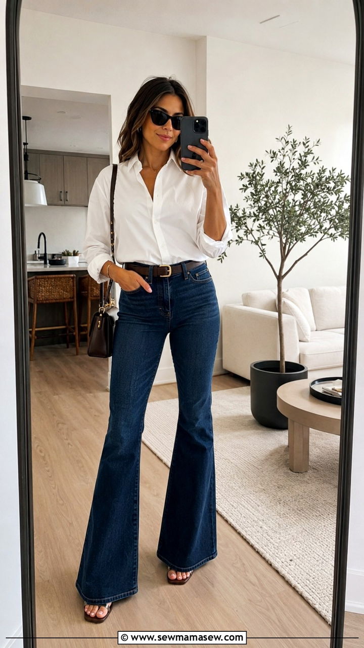 White Button Down Shirt with Flared Jeans and Heeled Sandals - 20 summer to fall outfits trends
