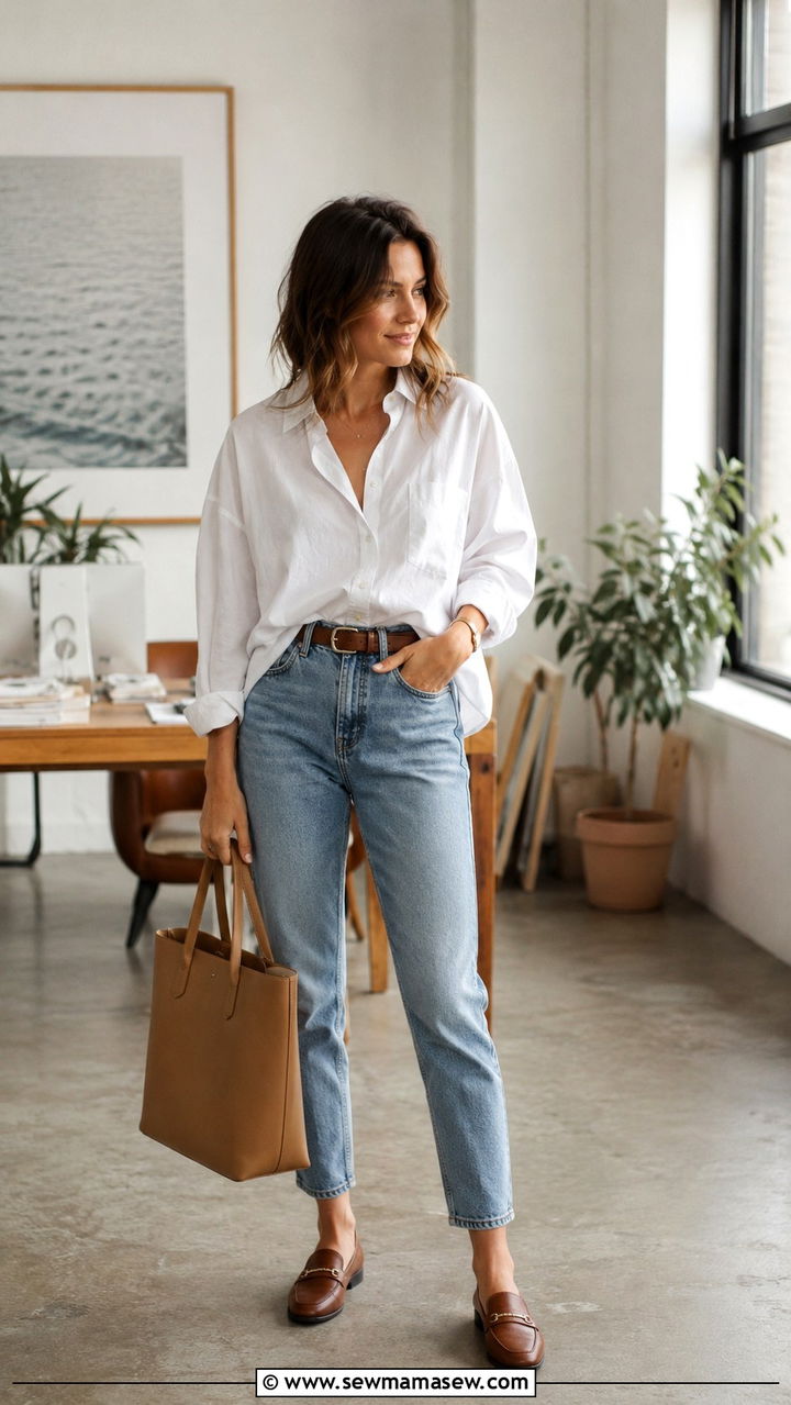 White Button Down Shirt with Mom Jeans - 30 office outfits aesthetic