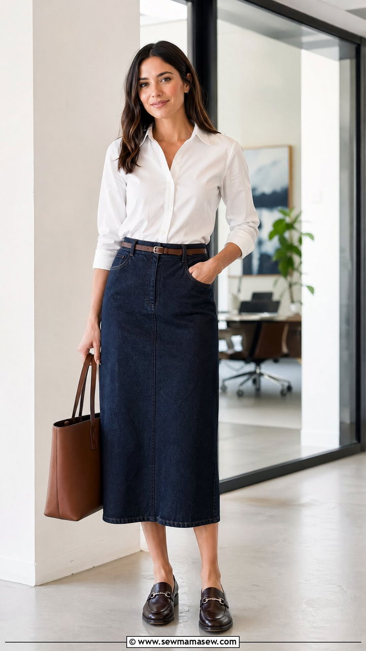 White Button Down Shirt with Navy Denim Midi Skirt and Thin Belt - 35 denim skirt outfits ideas