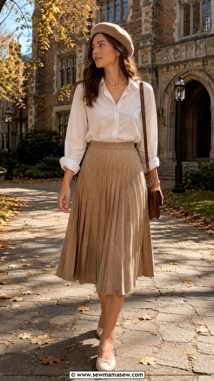 White Button Down Shirt with Pleated Midi Skirt - 30 light academia outfits to copy