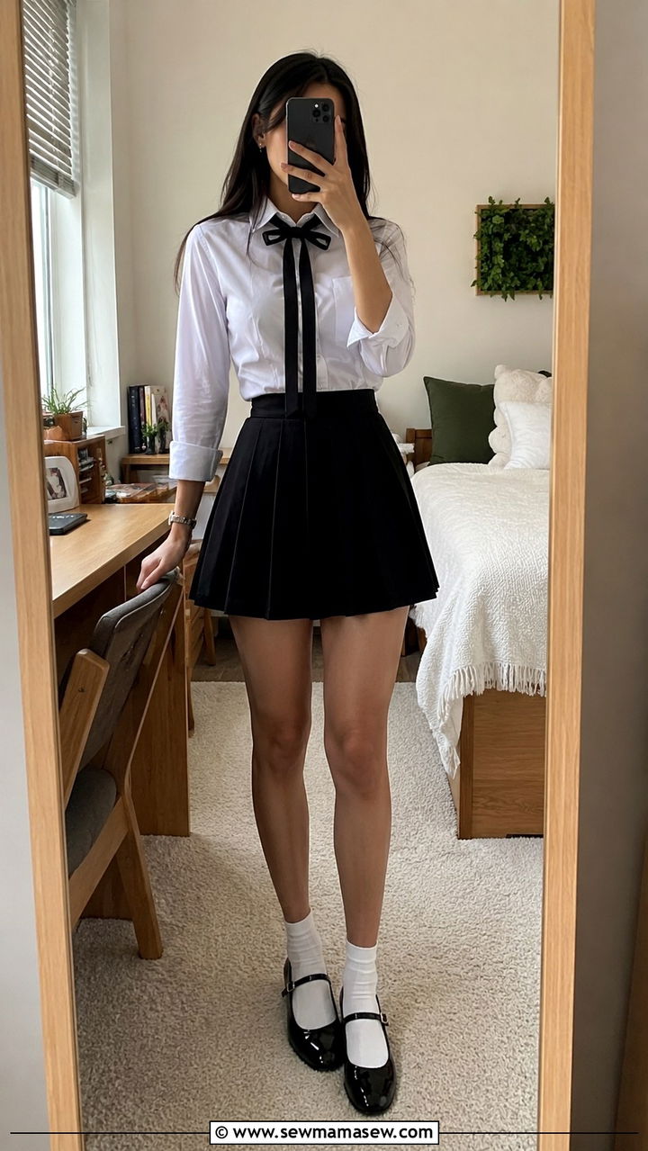 White Button Down Shirt with Pleated Mini Skirt Outfit - 30 classy back to school outfits