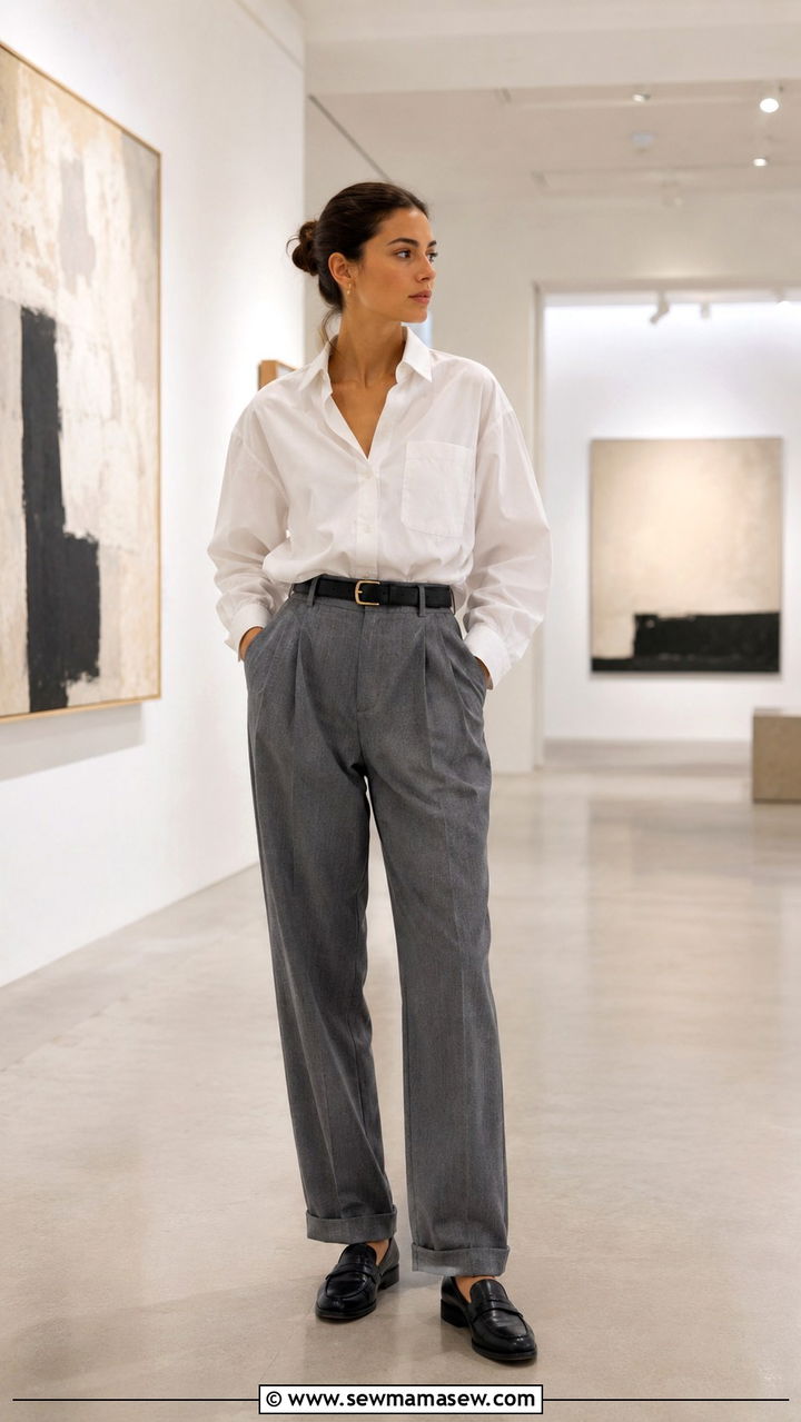 White Button Down Shirt with Pleated Trousers and Leather Belt - 25 Old money outfit ideas affordable