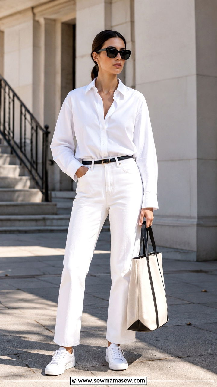White Button Down Shirt with Relaxed White Denim and a Slim Belt - 20 Quiet luxury outfit ideas Khaite style