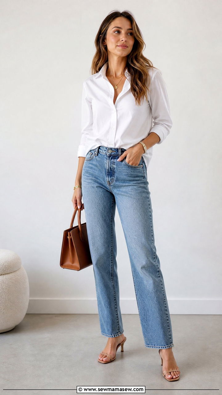 White Button Down Shirt with Straight Leg Jeans and Neutral Heeled Sandals - 30 summer elevated casual outfit ideas