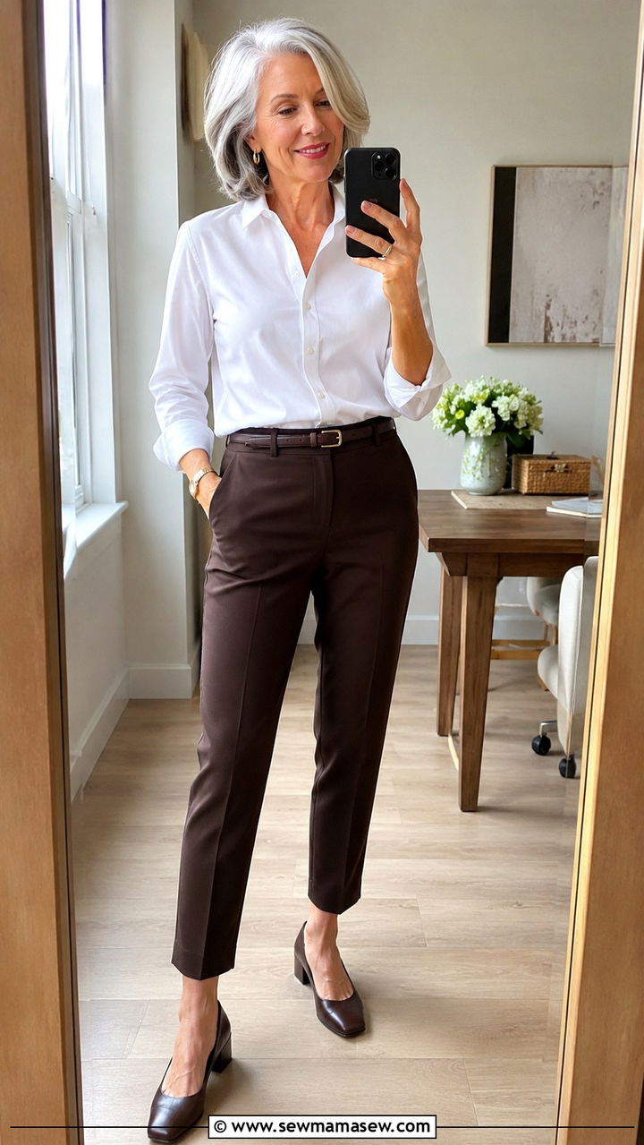 White Button Down Shirt with Tailored Ankle Pants - 20 Work outfit ideas for women over 60 2026