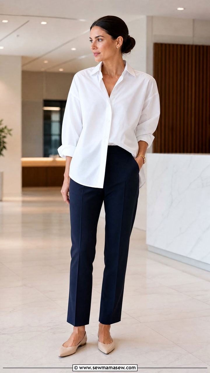 White Button Down Shirt with Tailored Pants - 30 clean girl outfits aesthetic