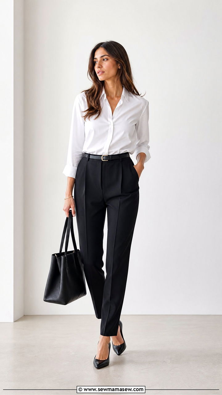 White Button Down Shirt with Tailored Trousers - 30 elegant outfit ideas for women