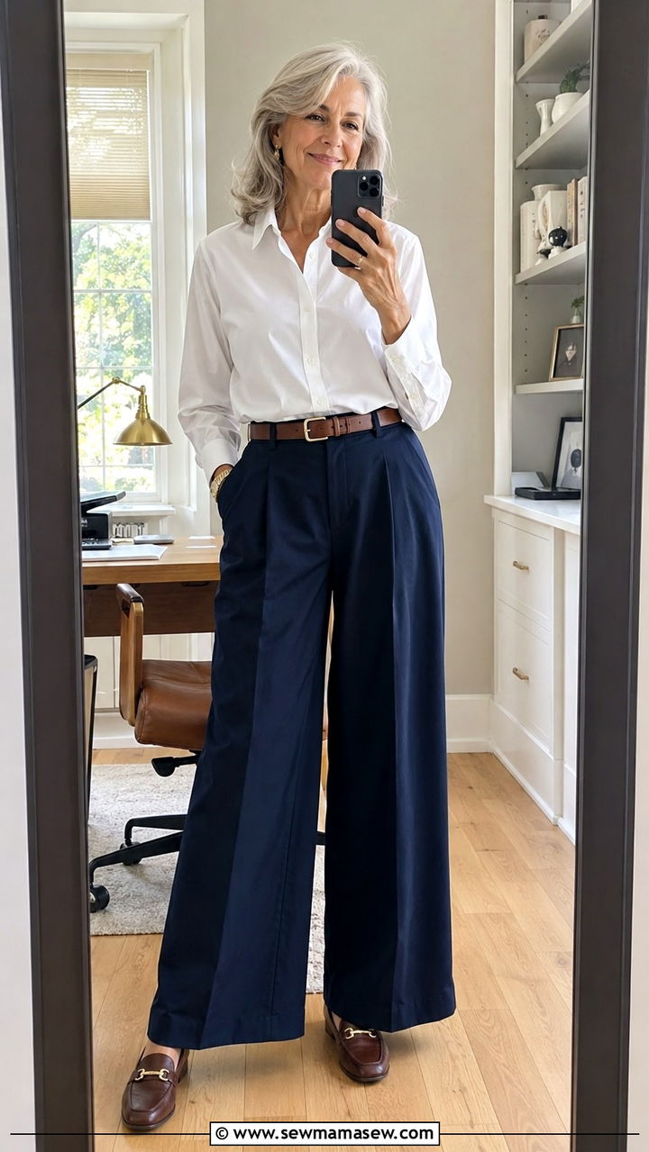 White Button Down Shirt with Wide Leg Navy Trousers - 25 Work outfits for women over 60