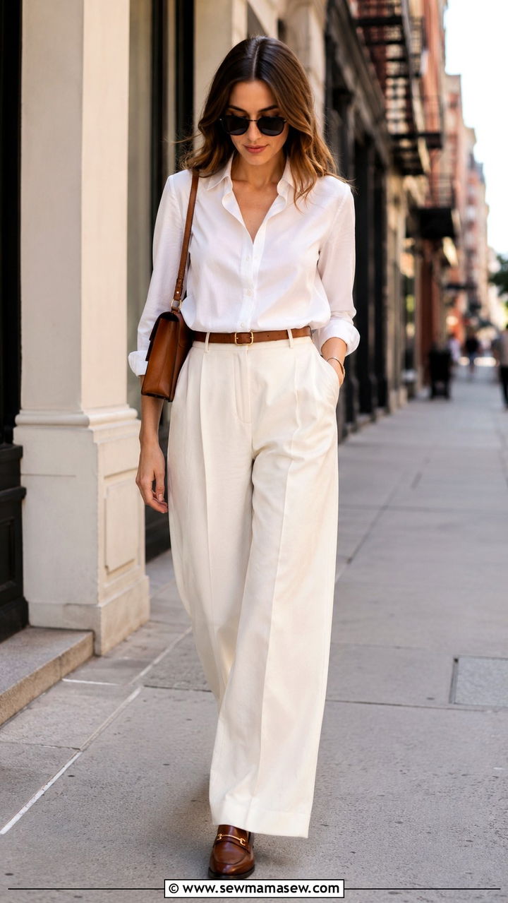 White Button Down Shirt with Wide Leg Pants - 25 work outfits inspo